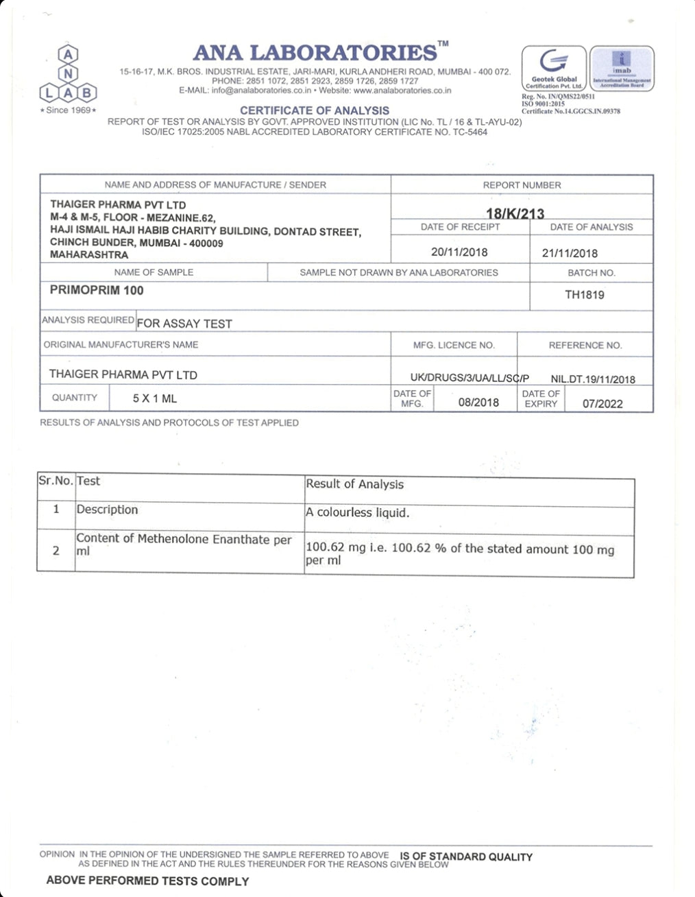 PRIMOPRIM 100
METHENOLONE ENANTHATE 100 MG