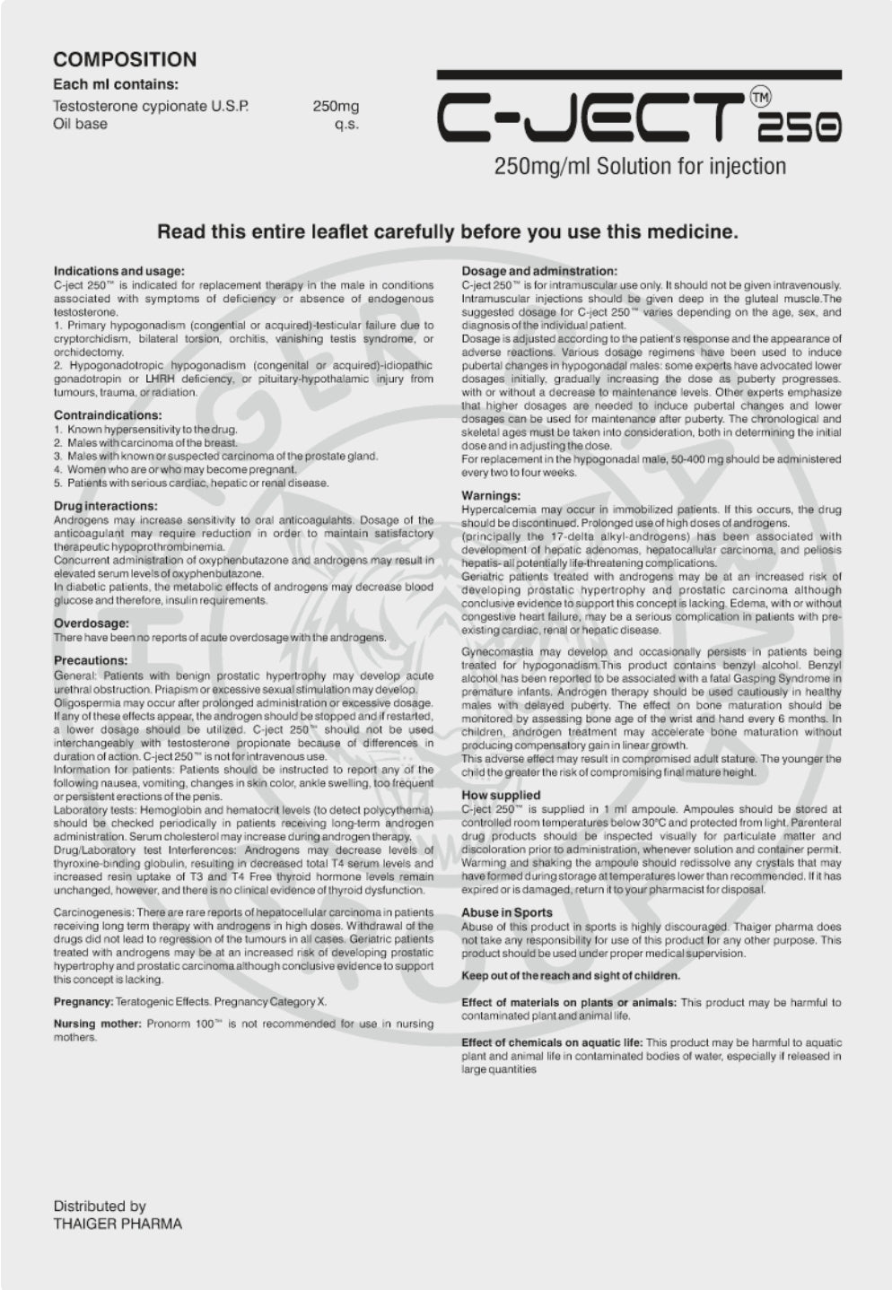 C-JECT 250
TESTOSTERONE CYPIONATE 250 MG