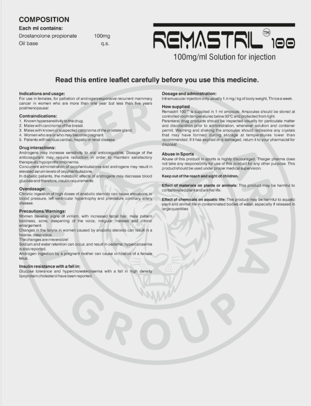 REMASTRIL 100
DROSTANOLONE PROPIONATE 100 MG