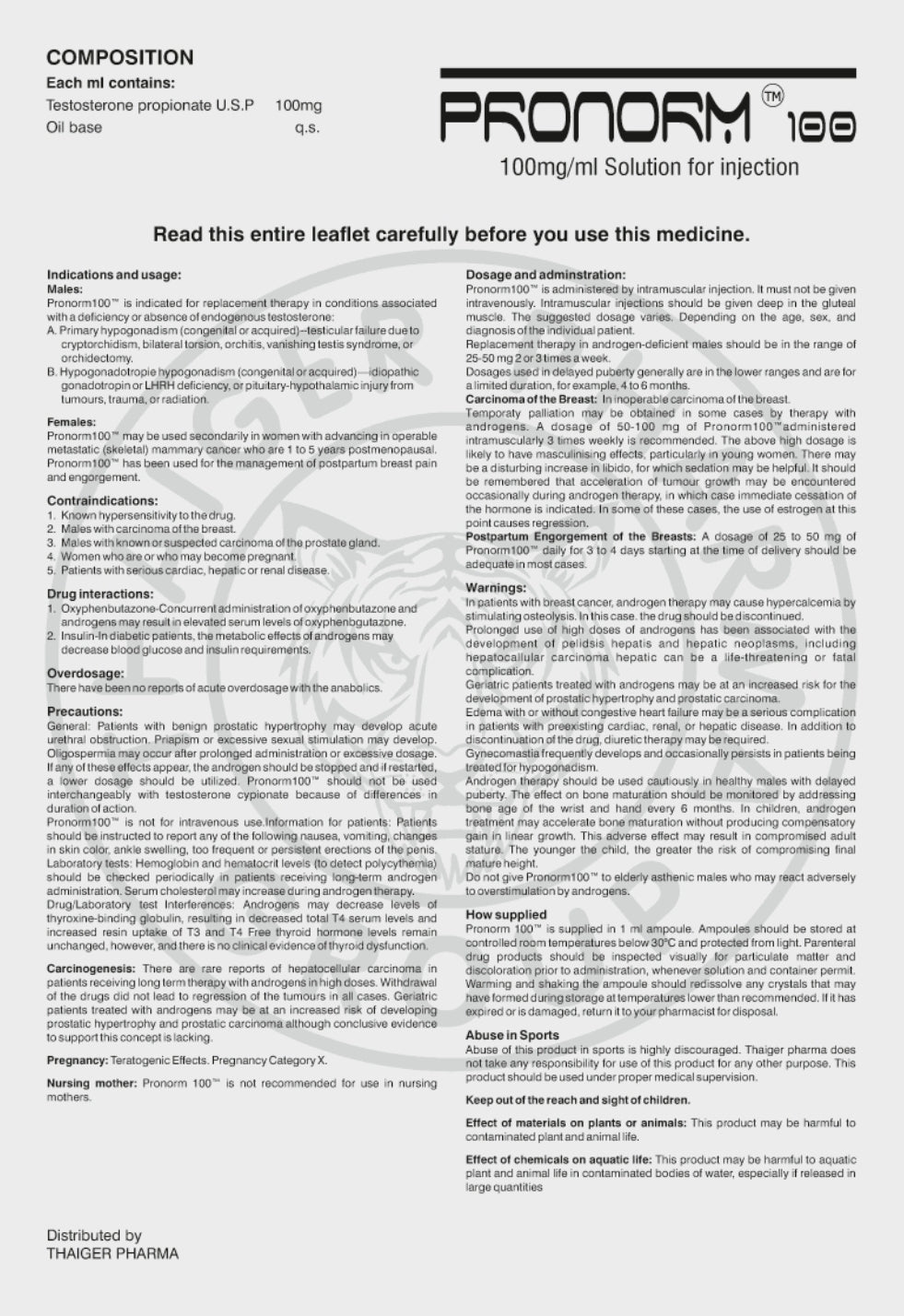 PRONORM 100
TESTOSTERONE PROPIONATE 100 MG