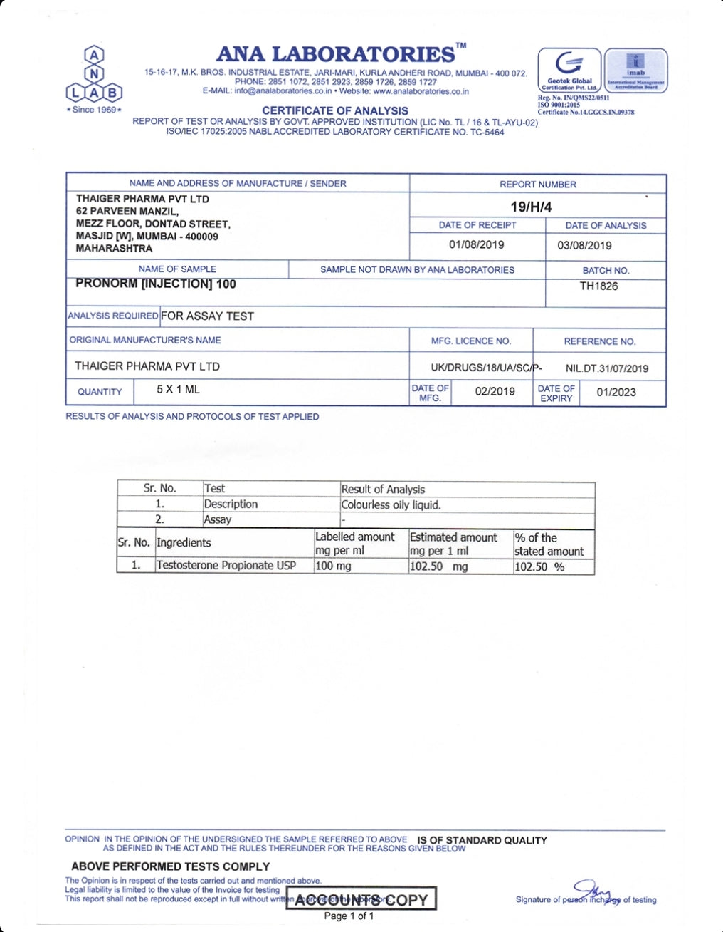 PRONORM 100
TESTOSTERONE PROPIONATE 100 MG